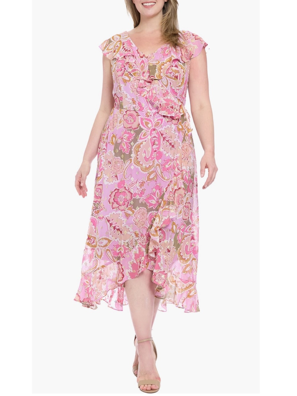 🆕 London Times Ruffle Faux wrap Pink Floral Ruffle Midi Dress Sz 22W